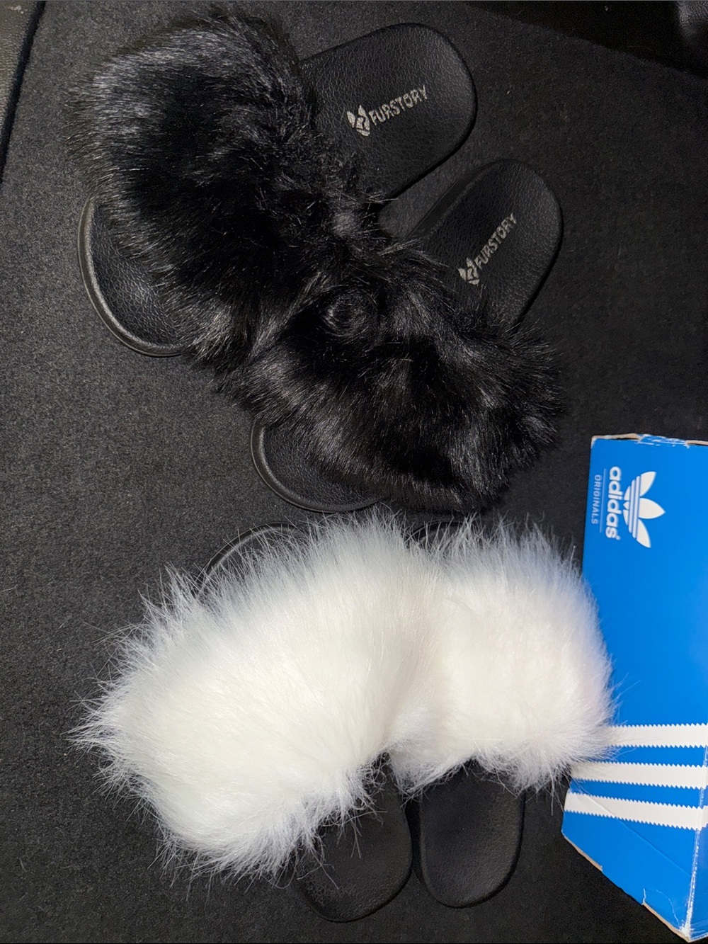Fluffy Slide Sandals - Black and White Faux Fur